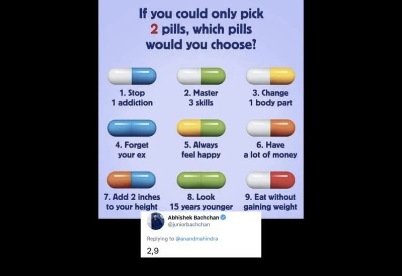 Mahindra Asks People To Choose 2 Pills From A List Abhishek Bachchan Responds mahindra asks people to choose 2 pills